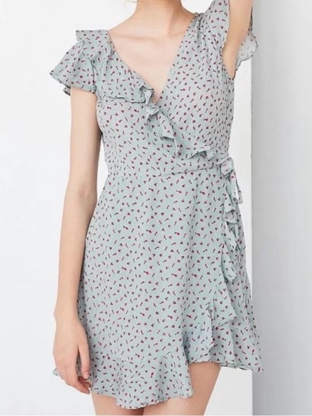 Kimchi Blue Light Blue Floral Wrap Ruffle Dress